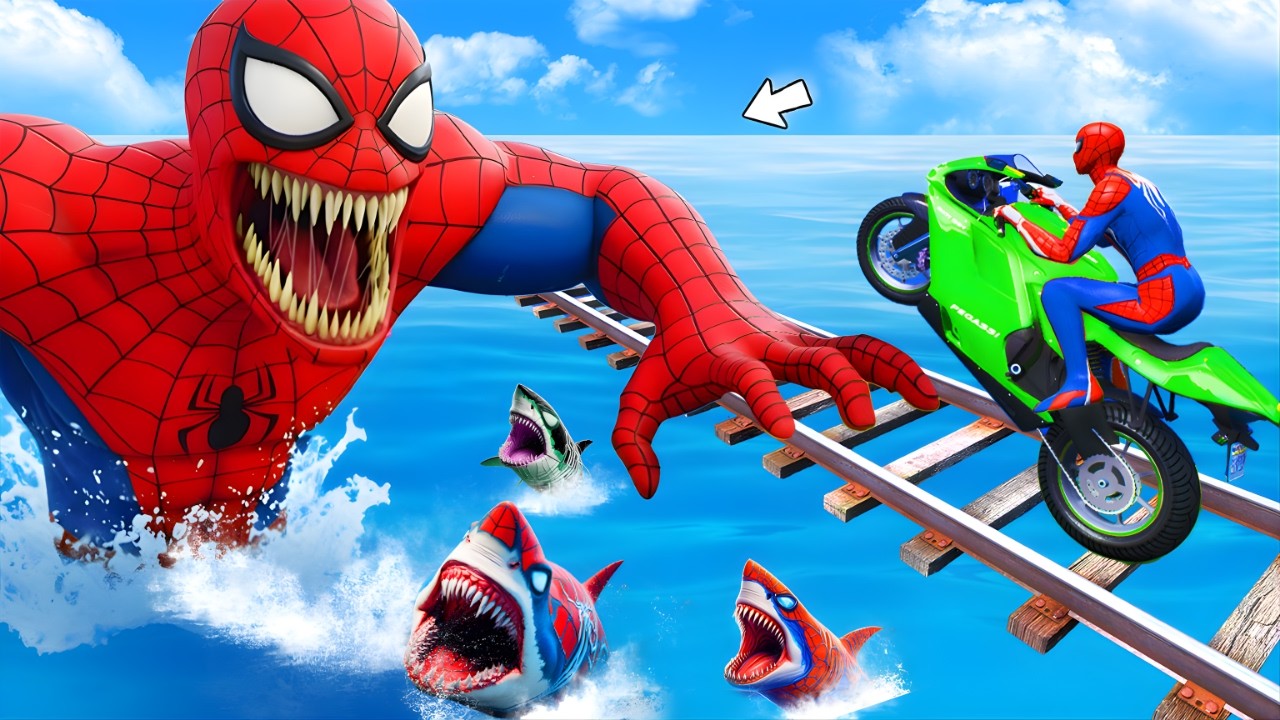 SPIDER-MAN against Superheroes on Motorcycle in Rainbow Spider Bridge l GTA 5 Funny Moments Rockstar