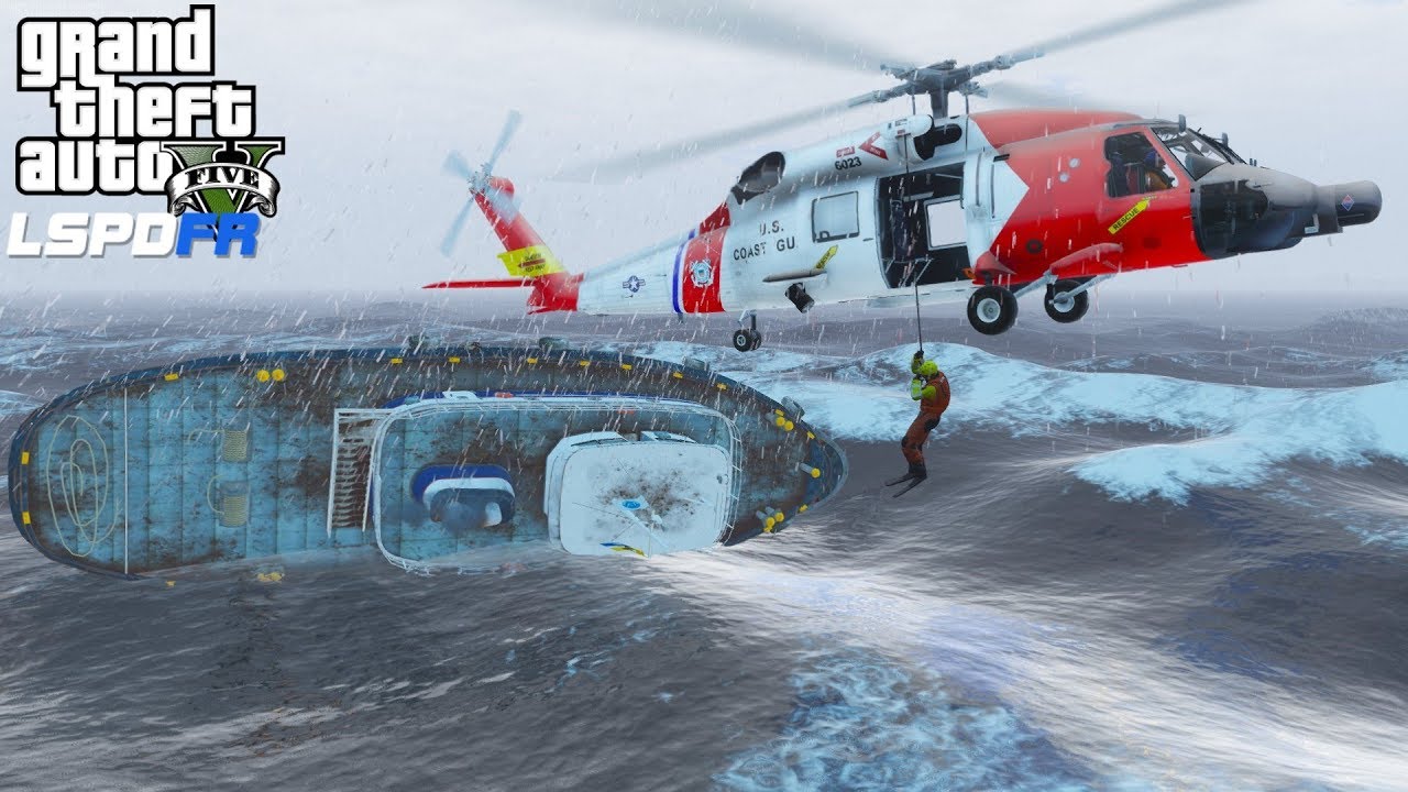 GTA 5 LSPDFR COASTAL CALLOUTS | BOAT FLIPS OVER DUE TO HIGH WAVES | COAST GUARD HELICOPTER RESCUE