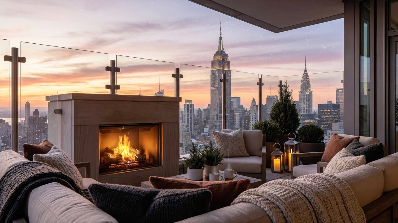 A Slow Cozy New York City Winter Morning Balcony Ambience 😌❄️🌅 (Fireplace Sound)