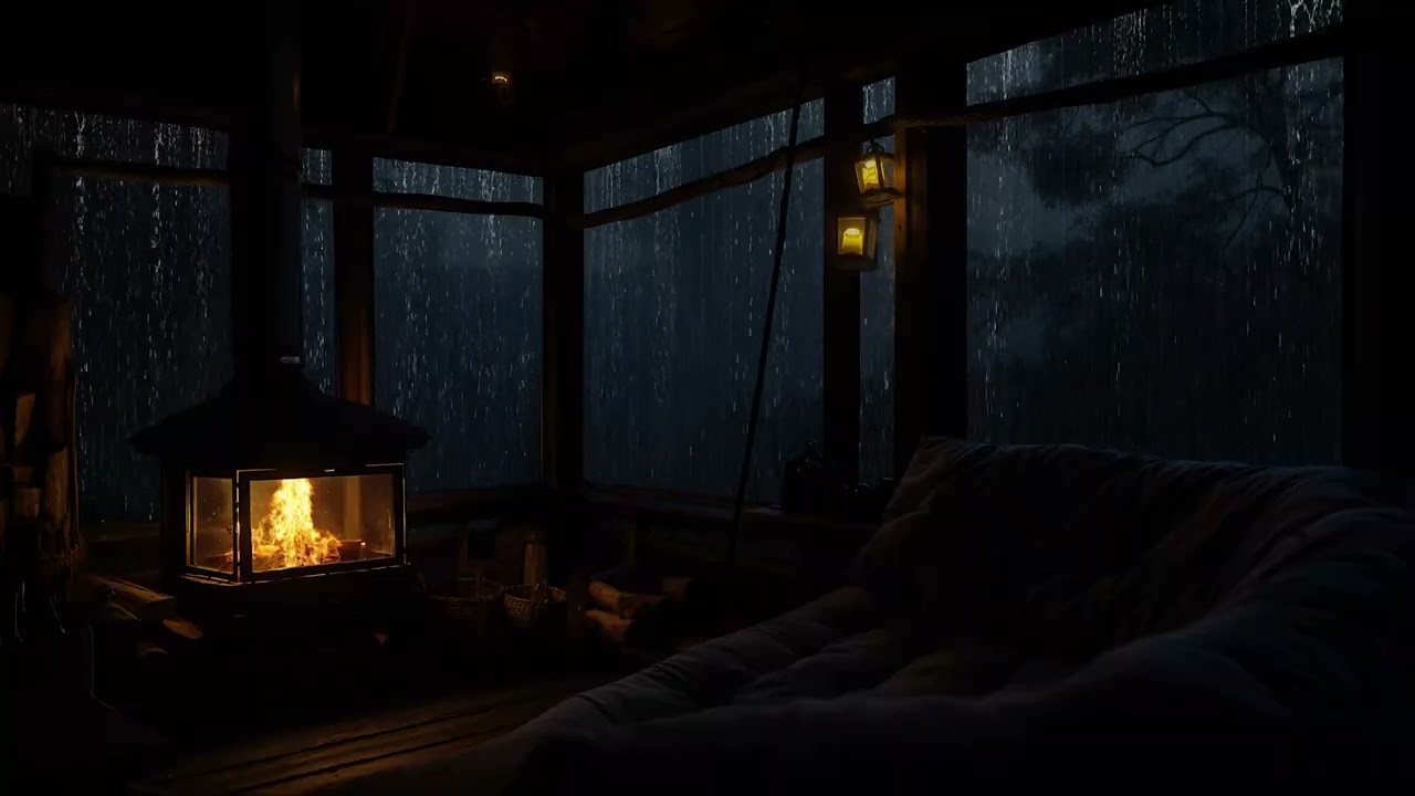 Calm Rain in a Warm Cabin Interior | Deep Sleep and Relaxing with Relaxing Night Rain Sounds