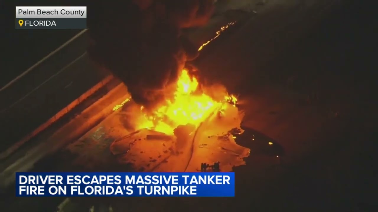 Driver escapes massive tanker truck fire on Florida turnpike