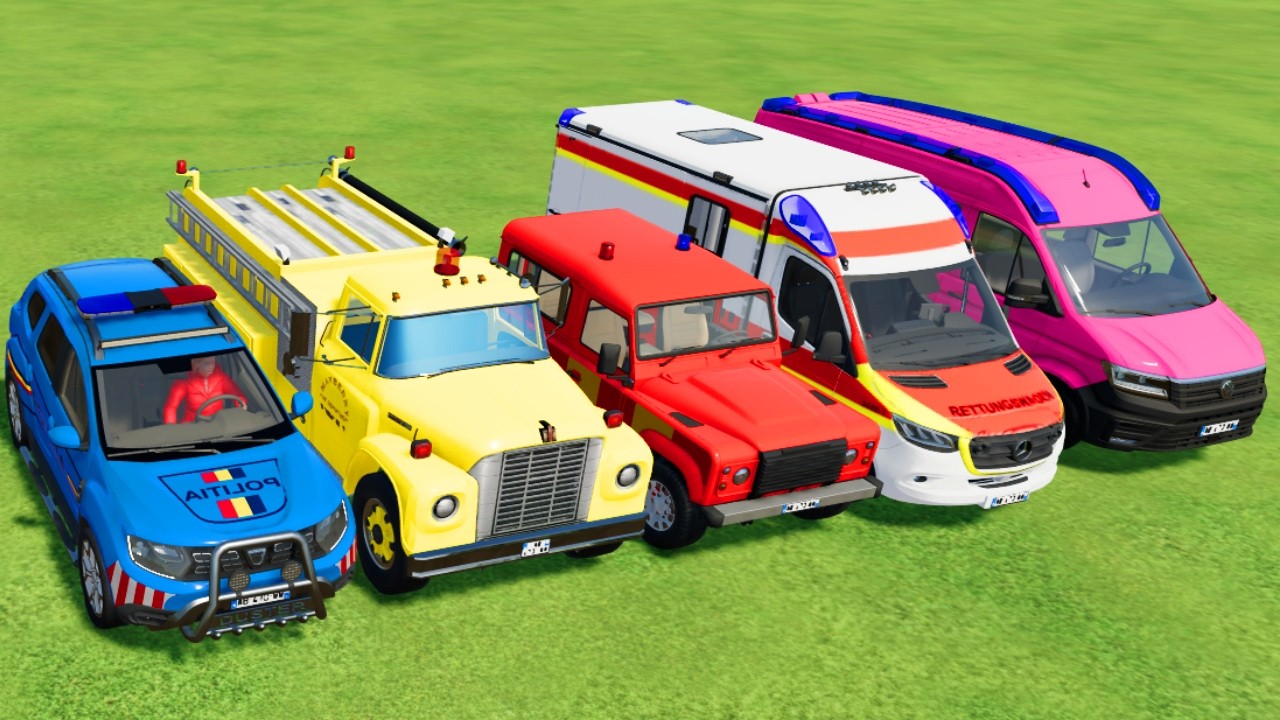 TRANSPORTING POLICE CARS, AMBULANCE, FIRE TRUCK, COLORFUL CARS WITH TRAIN -FARMING SIMULATOR 22!