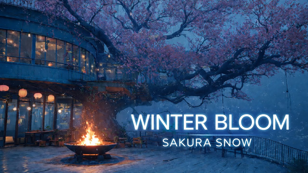 4 HOURS Sakura Snowfall Ambience 🌸❄️ Cozy Firepit Terrace | Sleep + Study + Relax
