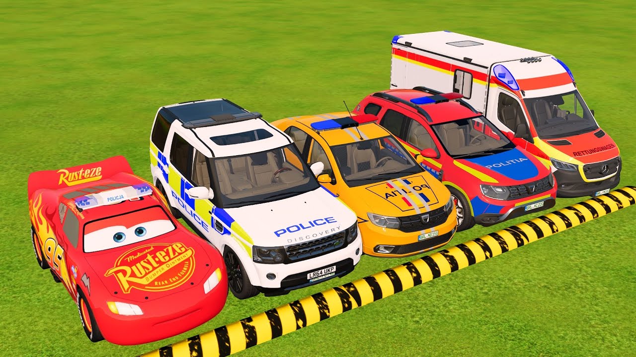 TRANSPORTING CARS, AMBULANCE, FIRE TRUCK, POLICE CARS OF COLORS! WITH BIG TRUCKS! -fs22 #40