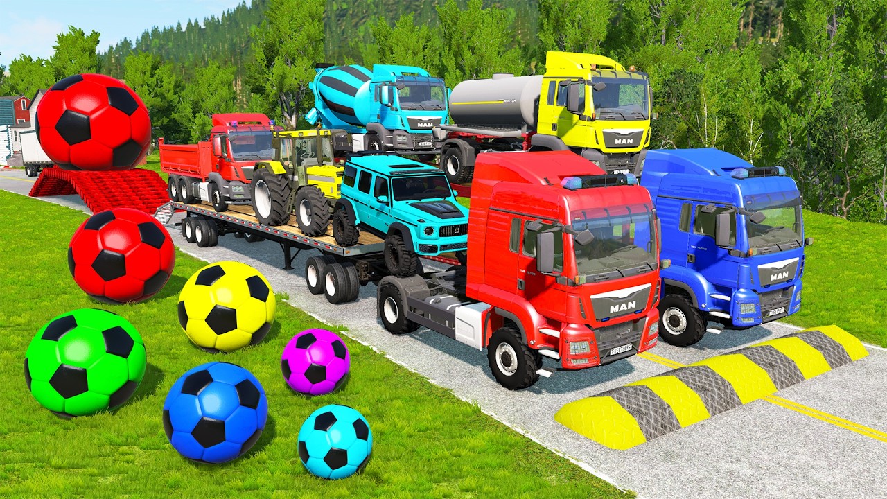 Flatbed Trailer McQueen Transportation with Truck - Speedbumps vs Cars vs Train - BeamNG.Drive #22