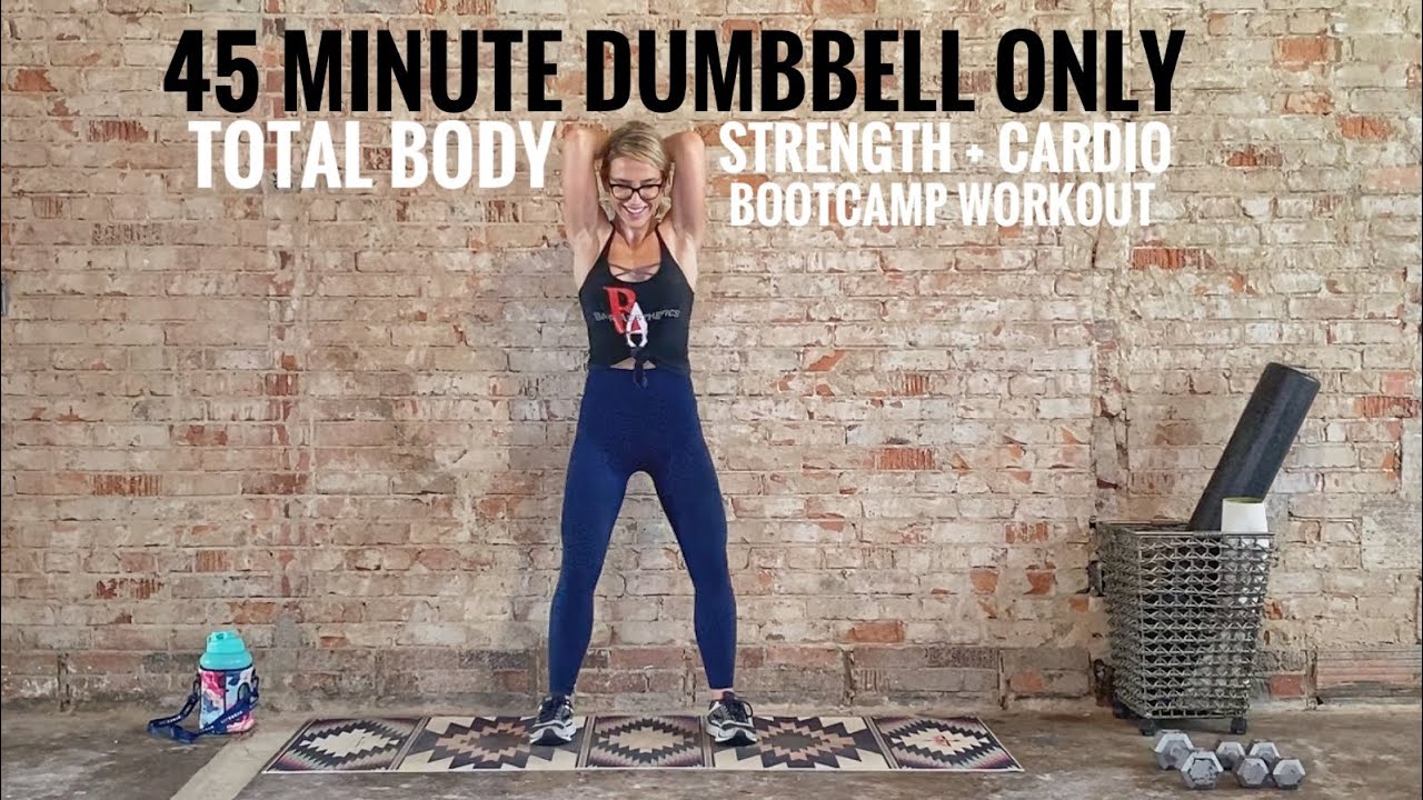 45 Minute Dumbbell Only Total Body Strength + Cardio Bootcamp Workout | Minimal Cues