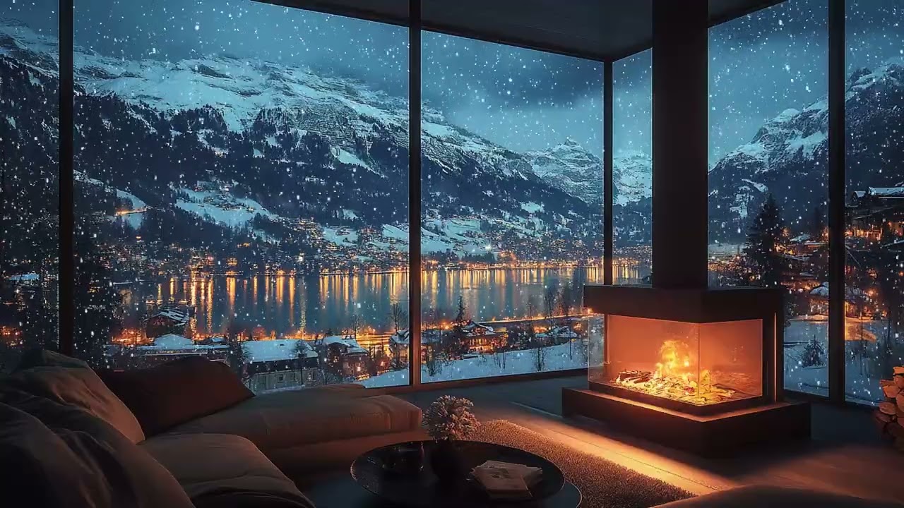 Cozy Winter Lake View ❄️ Snowfall Outside, Warm Fireplace & Peaceful Sleep Ambience