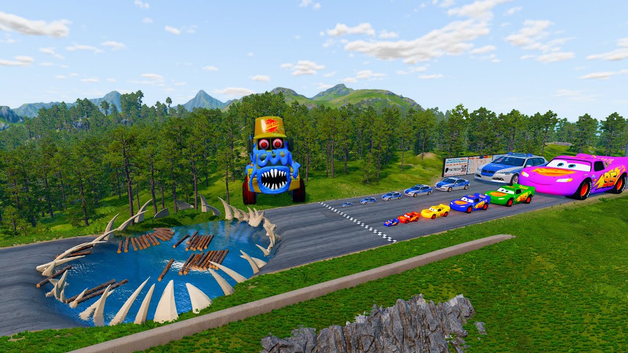 Big & Small McQueen & Police Car vs Zombie Mack, Giant Bulge & Hammer Downhill Race – BeamNG.drive