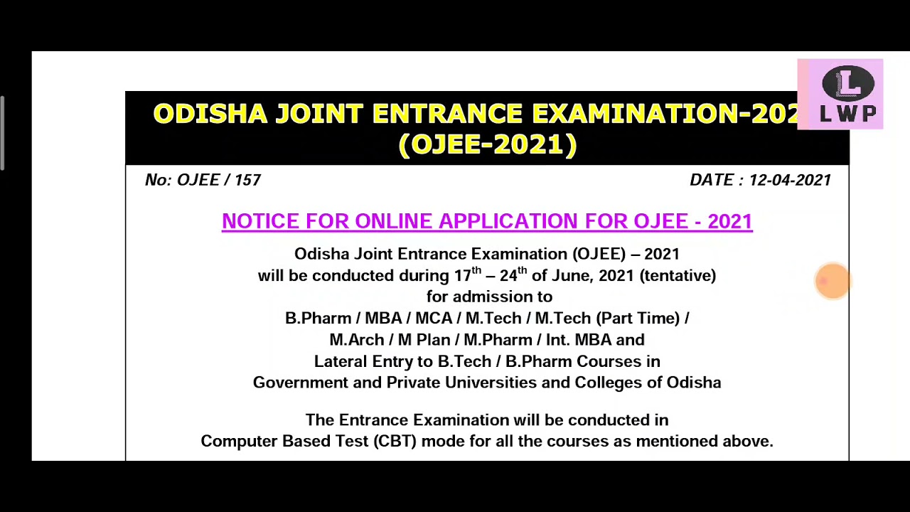 OJEE-2021 Form fill up Last Date .