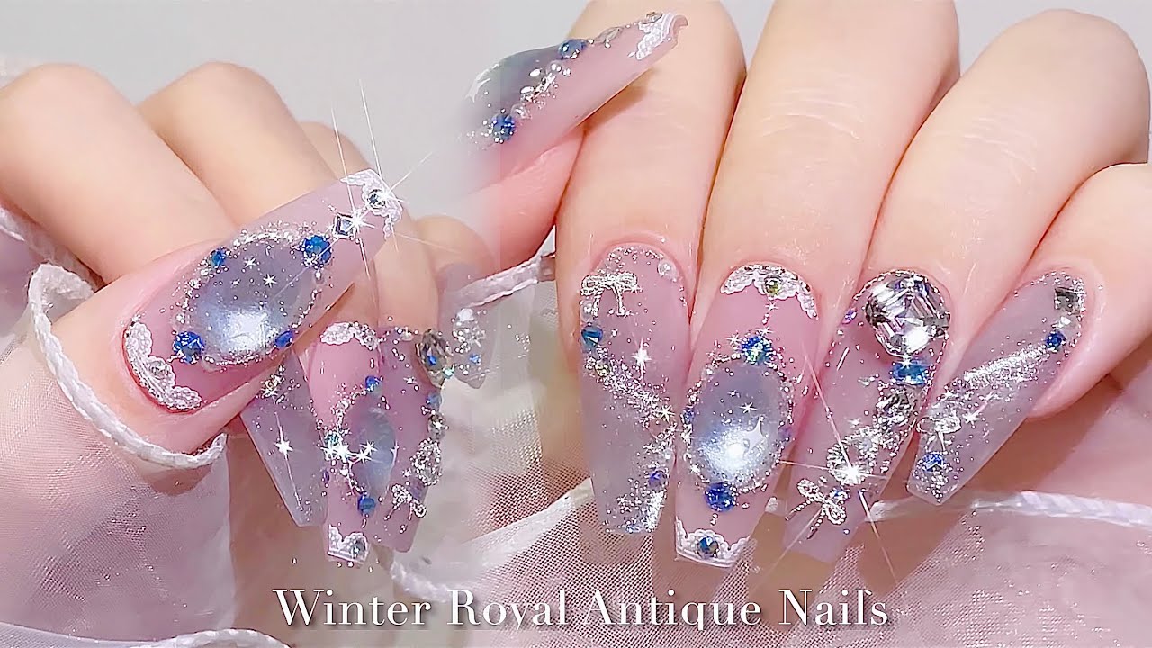 sub) Зимний королевский антикварный маникюр!❄️💙/🇰🇷Корейский маникюр / Урок маникюра / asmr