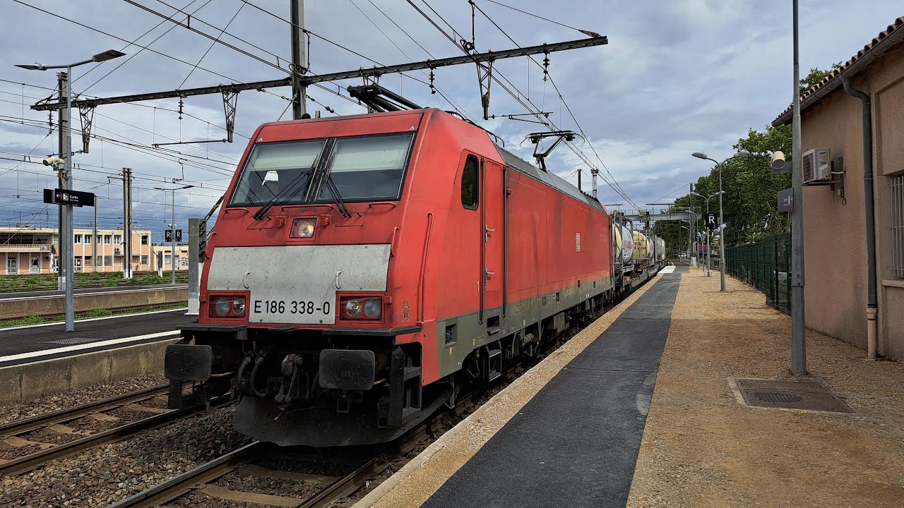 Unusual: German DB Cargo in France passing Narbonne - Loco E186 - Traxx F140 MS #train