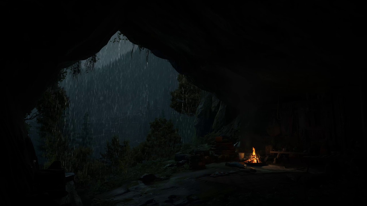Gotas De Chuva E Relaxamento Mergulhe No Conforto De Uma Gruta Acolhedora Com Uma Lareira Crepitante