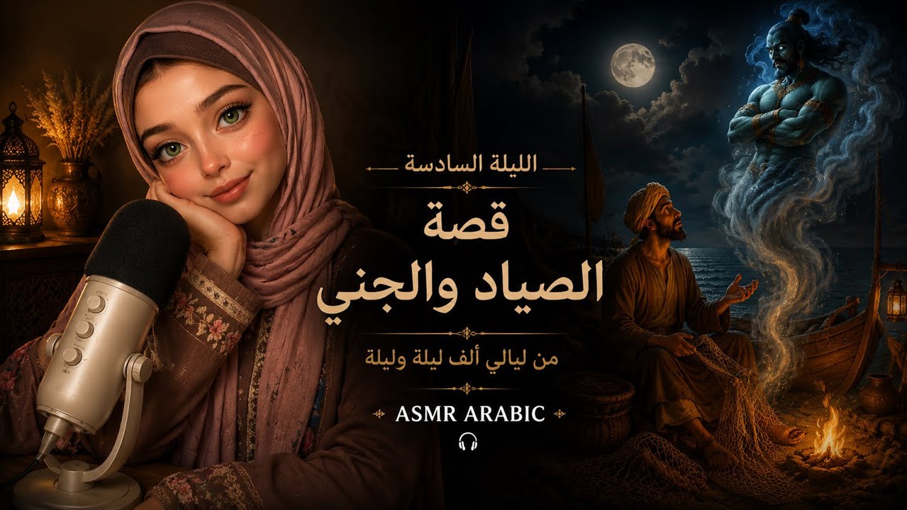 الليلة السادسة: الصيّاد والجني🌪️🪔 – حكاية هادئة قبل النوم | 🕯️ASMR Arabic😴