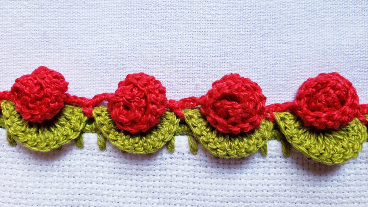 Barrado/bico para pano de prato com botões de rosas #crochê  #barradinhodecroche#crochet  🌹#259