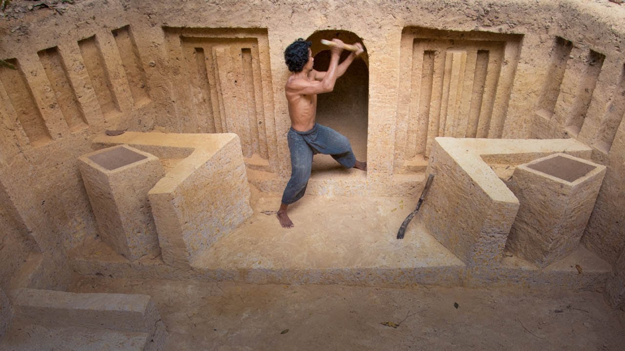 Jungle Survival: Digging to Build Ancient Underground Shelter by Ancient Skills