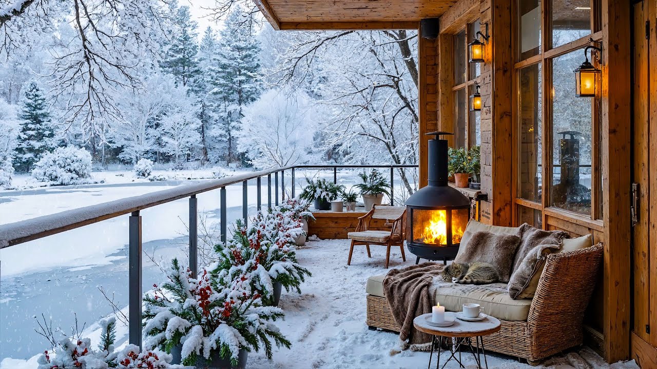 Снегопад в уютном зимнем домике ❄️ Медленная фортепианная музыка и звуки камина для релаксации
