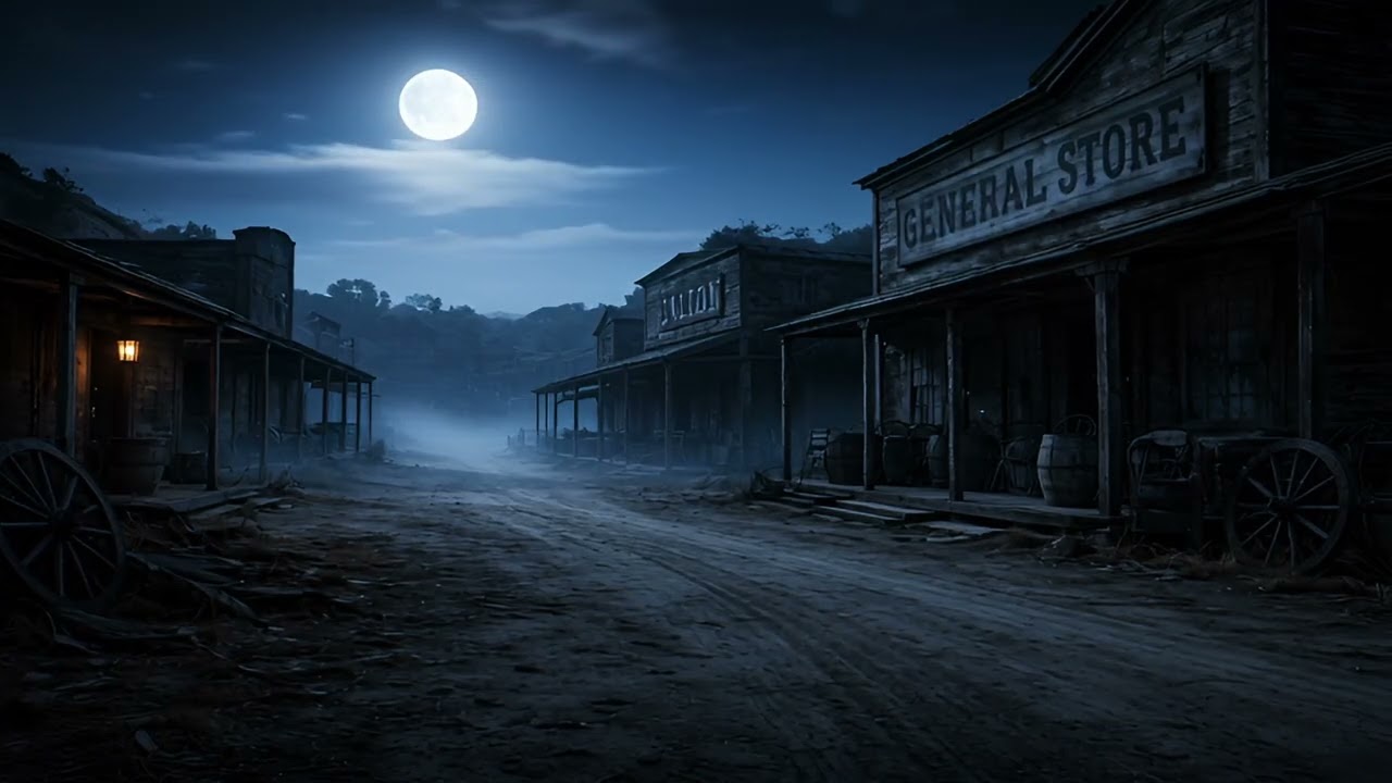 Moonlit Ghost Town Street 🌙 Wind & Creaking Signs | Night Ambient Loop