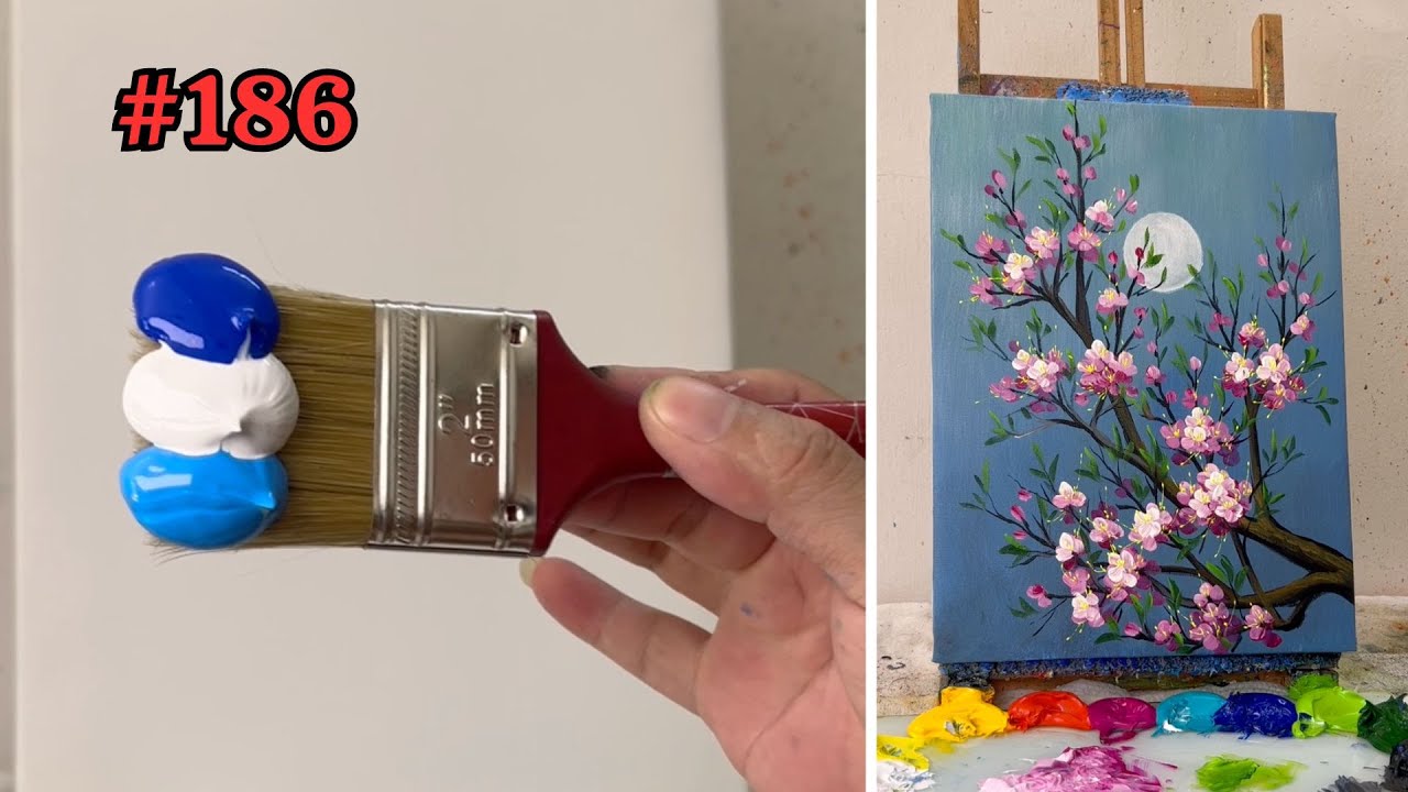 How to Draw a Flower Branch with Moonlight | Easy Acrylic Painting Tutorial for Beginners