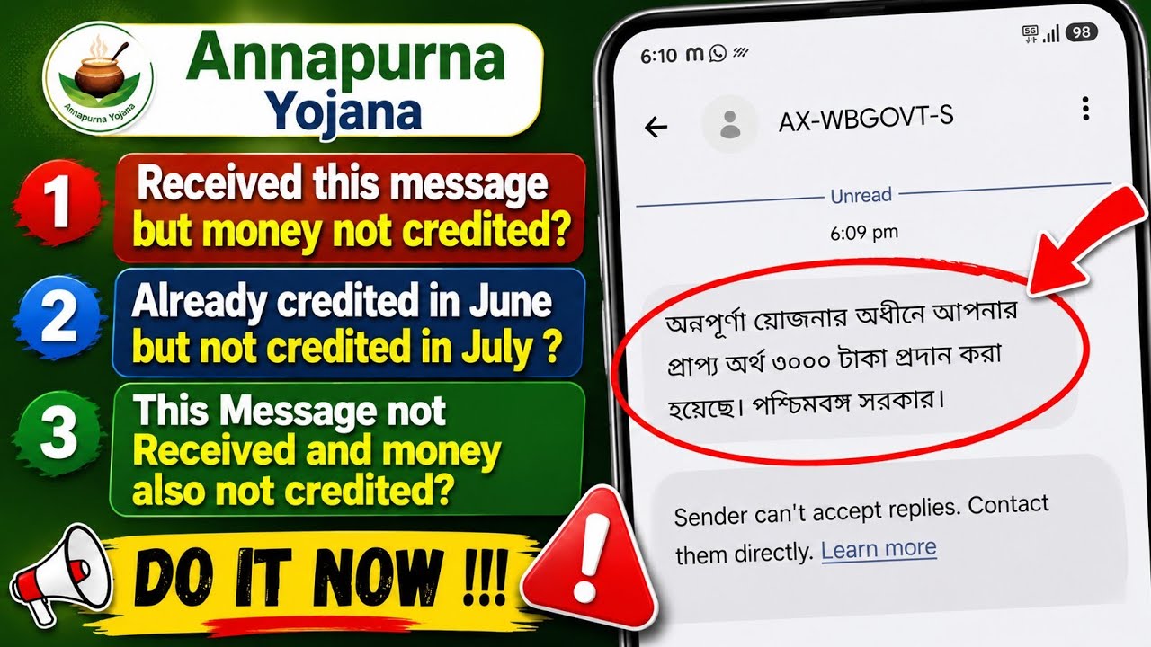Annapurna Yojana ₹3000 Rupees Not Credited in Your Bank Account on 1st July , What Should I do now ?