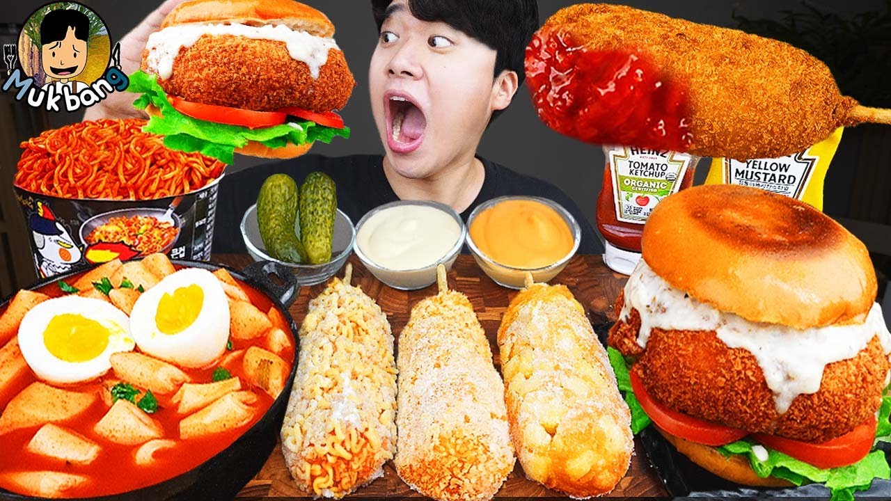 ASMR MUKBANG | гамбургер, ттеокбокки, Огненная лапша, хотдог рецепт блюда принимать пищу
