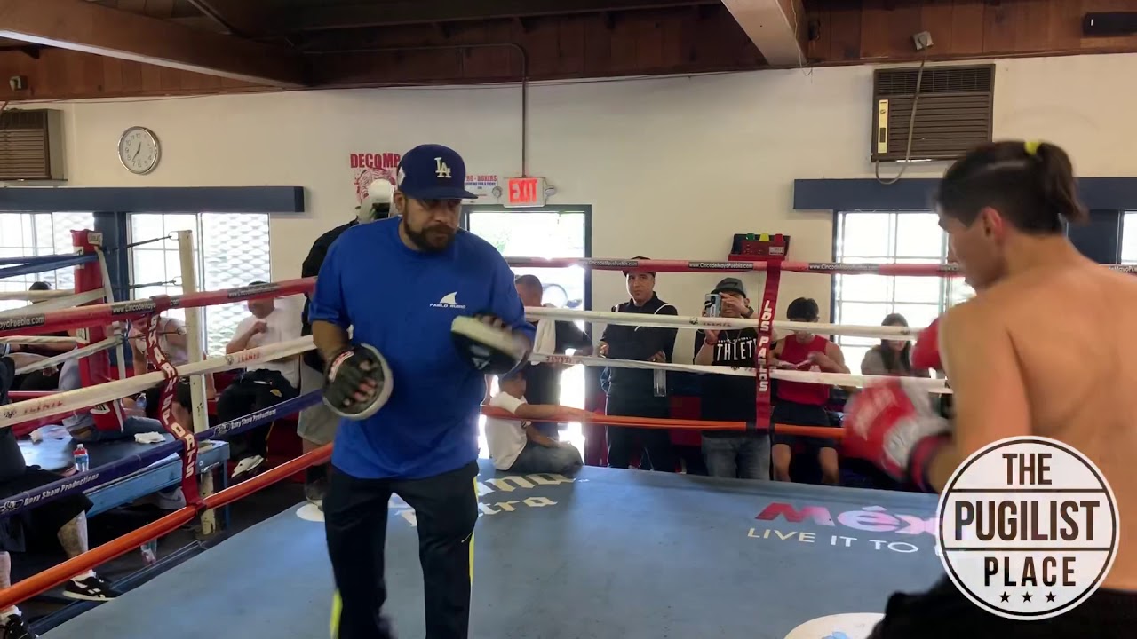 Undefeated boxing prospect Pablo Rubio, of Whittier, CA, works the speed mitts during media day