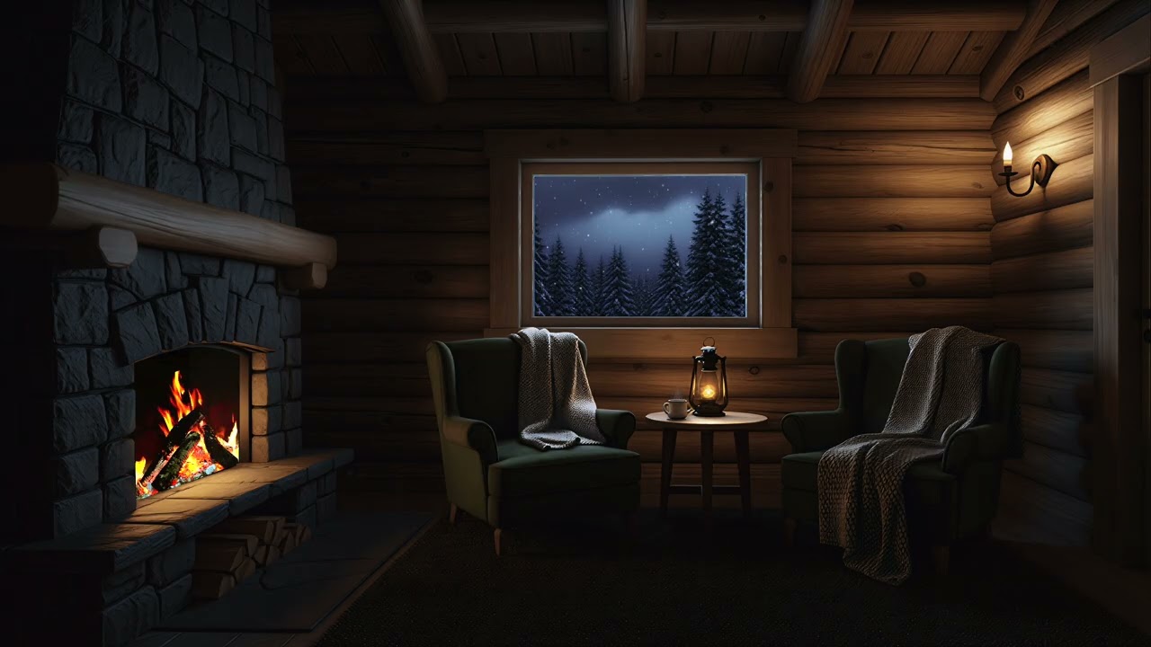 Gentle Snowfall Outside a Cozy Forest Cabin — Warm Fireplace Glow and Quiet Winter Ambience