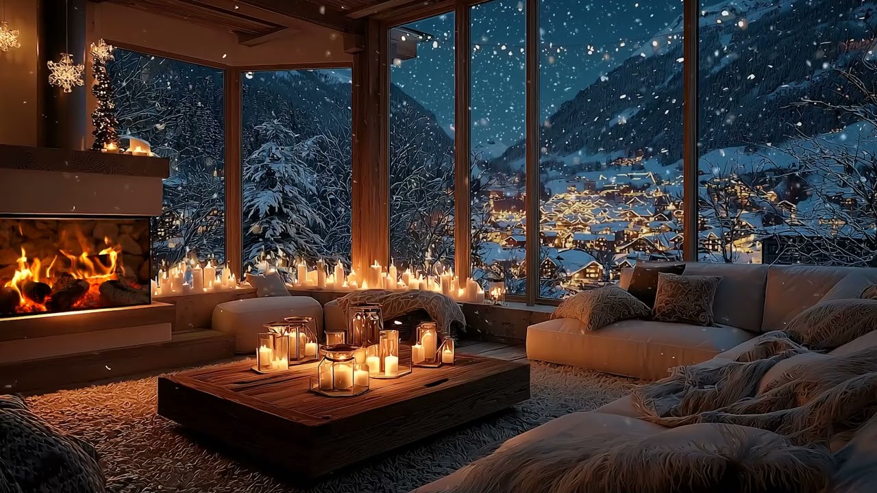 Soft Piano by the Fireplace | Snowfall Winter Ambience for Relax, Study & Sleep