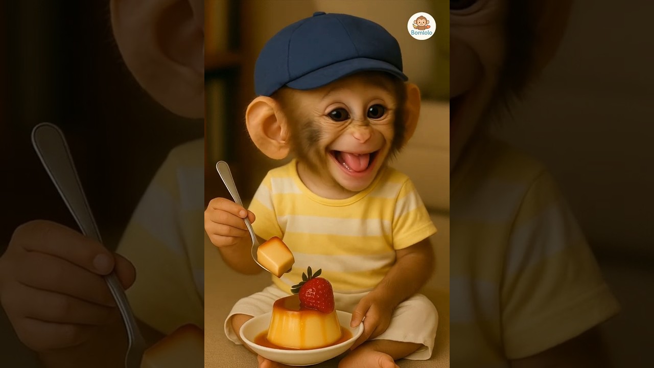 baby monkey can&rsquo;t stop laughing before eating cr&egrave;me caramel Pudding! 🍮😂
