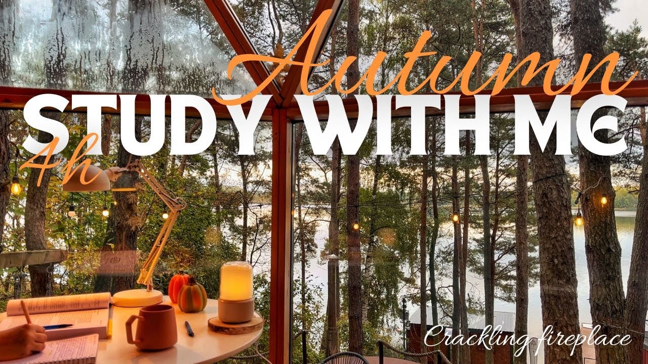 4h Autumn Study With Me 🍁 | Cozy Cabin | Ambient | Crackling Fireplace | Pomodoro (50/10)