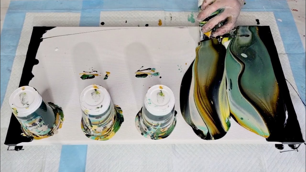 #1247 Huge Five Flip And Drag Acrylic Pour In Green And Yellow