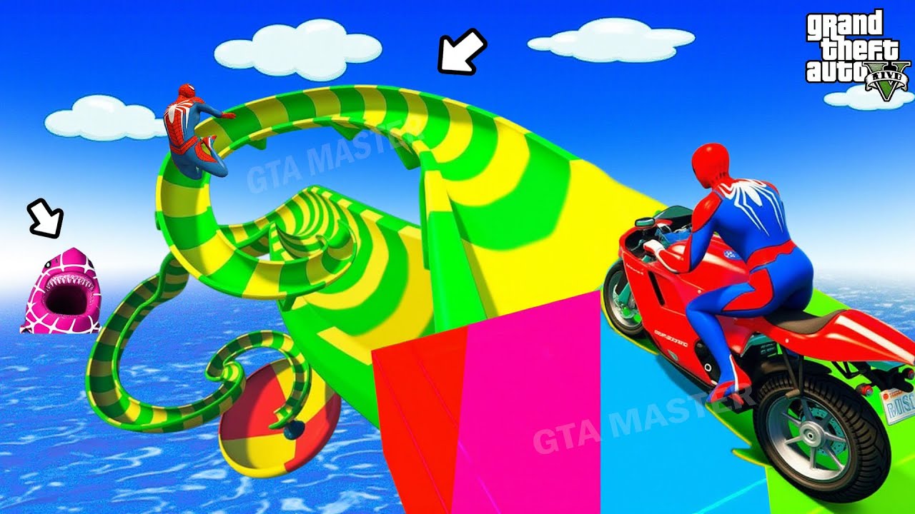 SPIDER MAN Takes Motorcycle Stunts to NEW HEIGHTS🕶️الأبطال الخارقين على القضبان دوامة قمع جسر