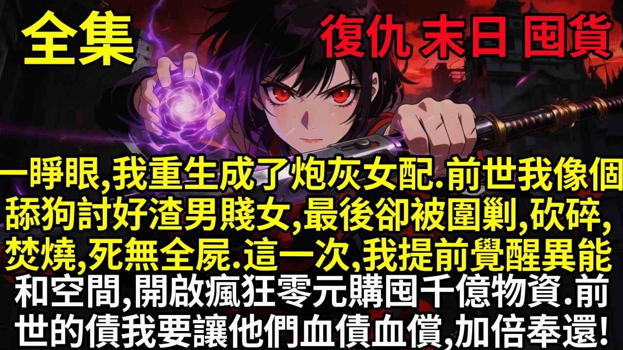 一睜眼，我重生成了炮灰女配。前世我像個舔狗討好渣男賤女，最後卻被圍剿、砍碎、焚燒，死無全屍。這一次，我提前覺醒異能和空間，開啟瘋狂零元購囤千億物資。前世的債我要讓他們血債血償，加倍奉還！
