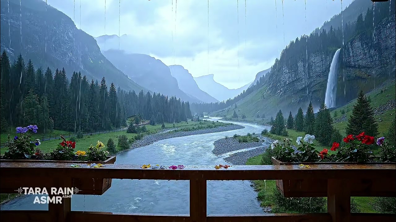 Rainy Mountain Valley & Waterfall Sounds  Relaxing River Rain Ambience for Sleep, Study & Stress