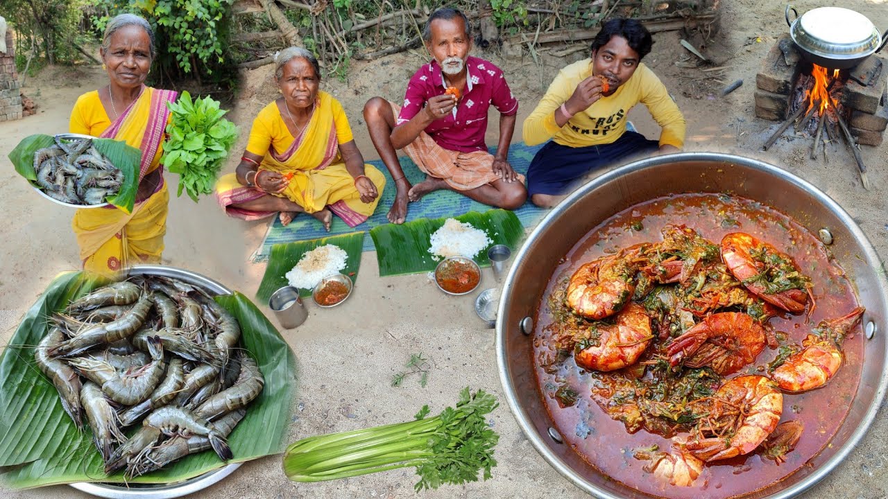 Prawn Palak Curry Recipe |Tiger Prawn cooking & eating Village style|