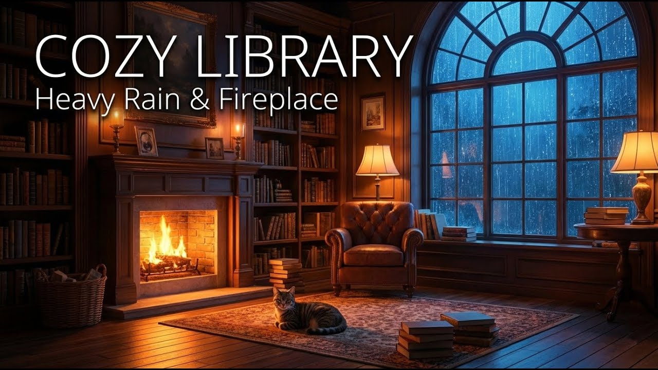Cozy Library Ambience with Rain & Crackling Fireplace | 1 Hour for Deep Sleep & Study