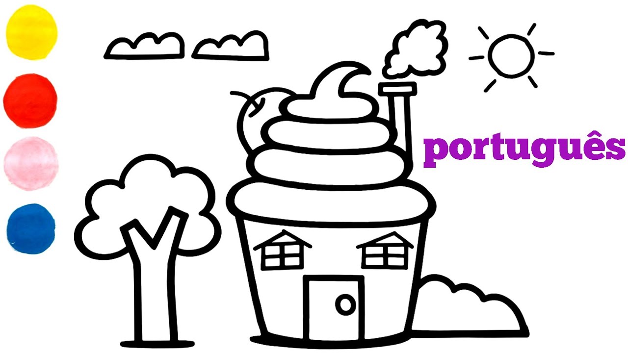 Como desenhar e colorir uma casa de cupcakes para crianças