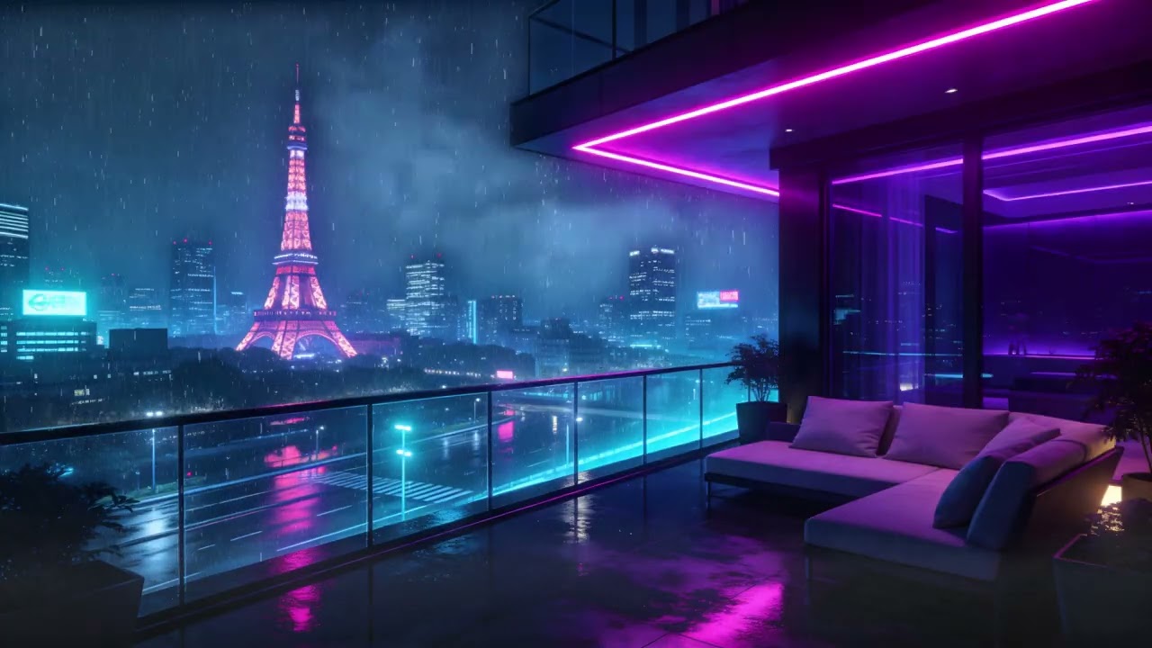 Lofi Rainy Nights 🌧️ – Cozy Neon Balcony Apartment in Rainy Paris for Study & Relax | 4K