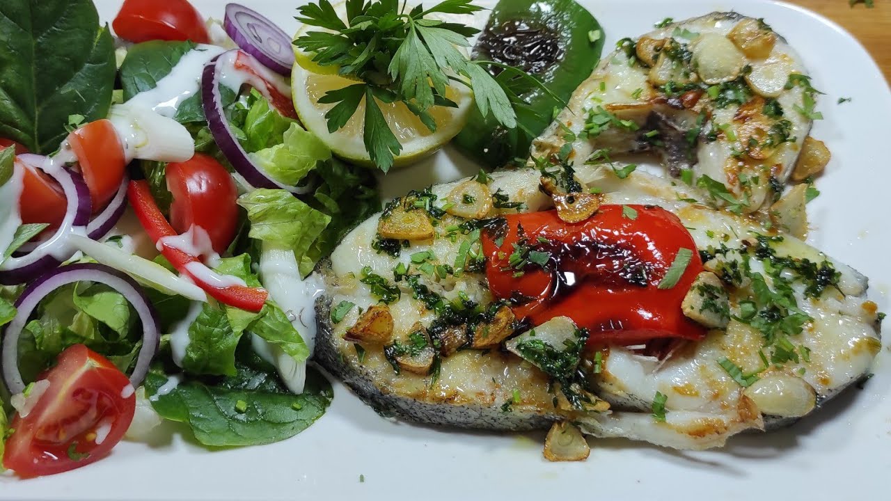 Seehecht mit Knoblauch    hake with garlic