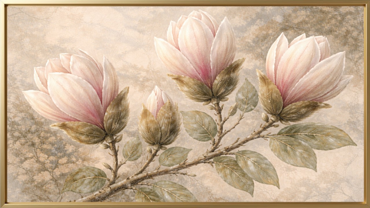 Vintage Floral TV Art 4K | Gold Framed Magnolia Screensaver | No Sound