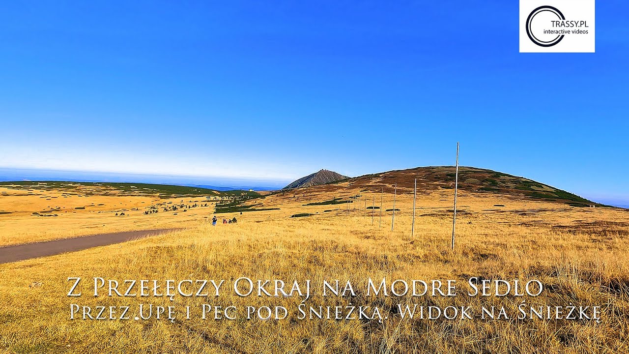 Trasa rowerowa z przełęczy Okraj na Modre Sedlo z widokiem na Śnieżkę. Mała Upa i Pec pod Śnieżką.