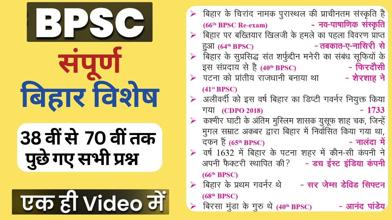 BPSC Bihar Special PYQ | 38वीं से 70वीं तक | बिहार विशेष प्रश्नोत्तर |All Previous Year Question