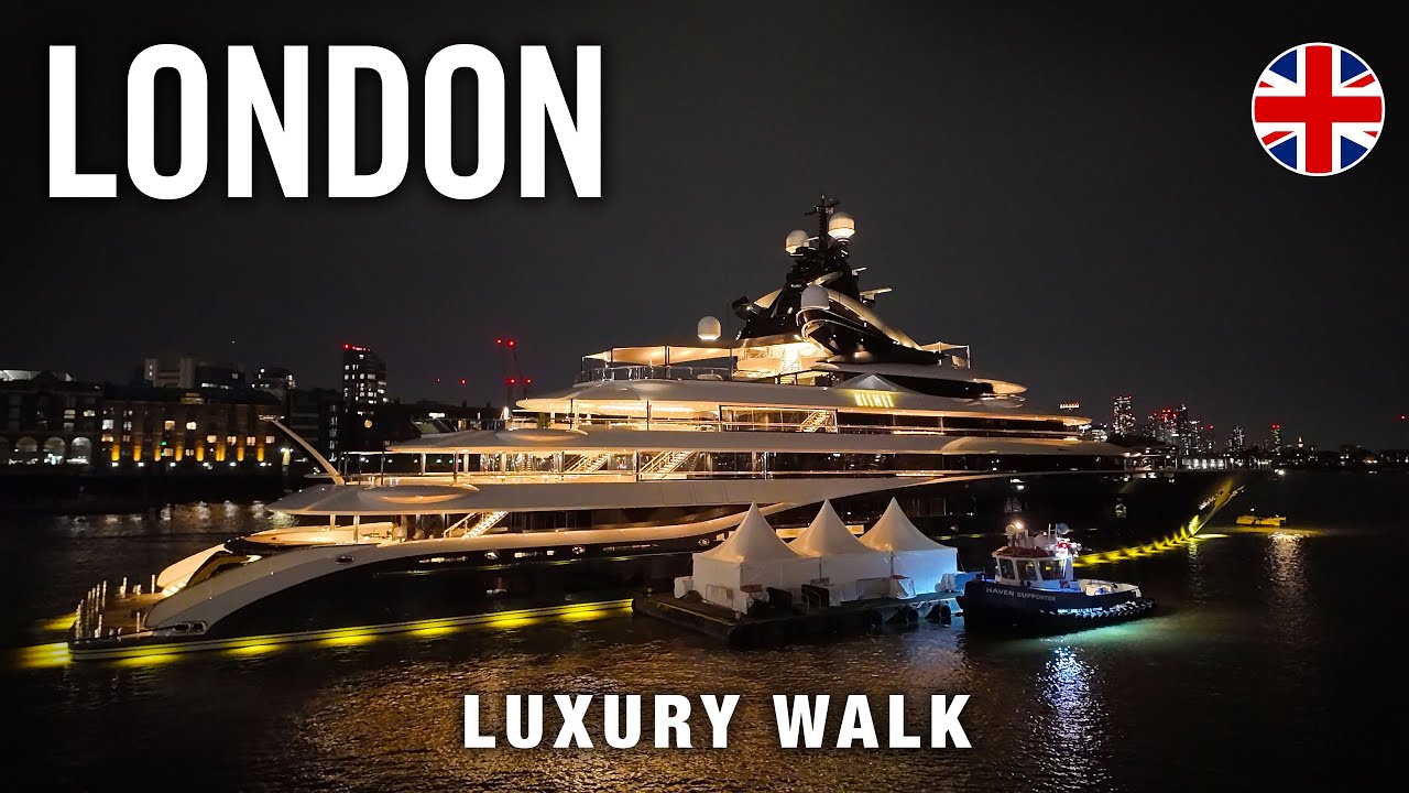 Luxury London Riverside Walking Tour 4K 🇬🇧 Super Yacht at N Greenwich Pier Night Walk