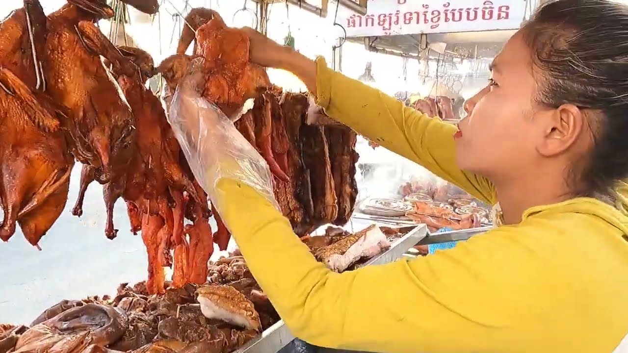 Cambodian street food - Roast pork leg, pork meat & duck