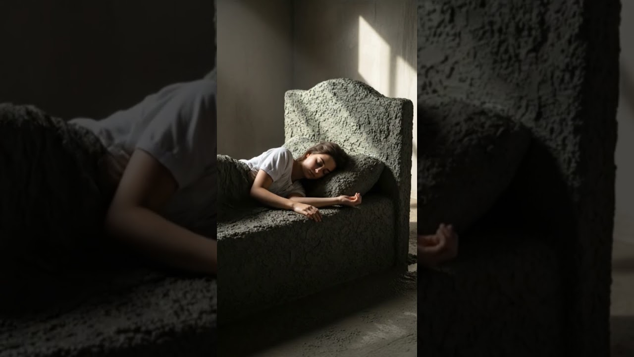A girl is sleeping in the were cement bed