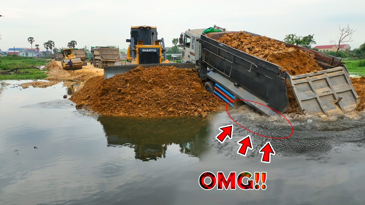 Wow.. Incredible Fill Land Job!! Dump Truck 25Ton Back Uploading overturned, Bulldozer SHANTUI Rescu