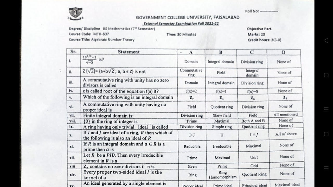 BS Mathematics 7th semester MCQs and Subjective papers | Math GCUF private affiliated colleges paper