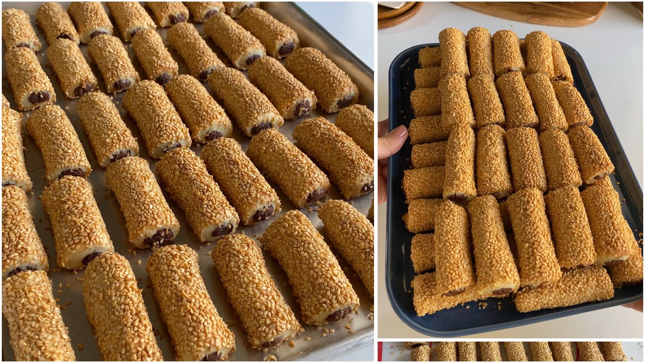 بدون زبدة ولا سمنة وبالخلاط 😎حتعملو كمية كبيرة من اصابع التمر بالسمسم هش وبدوب دوبان👌😍