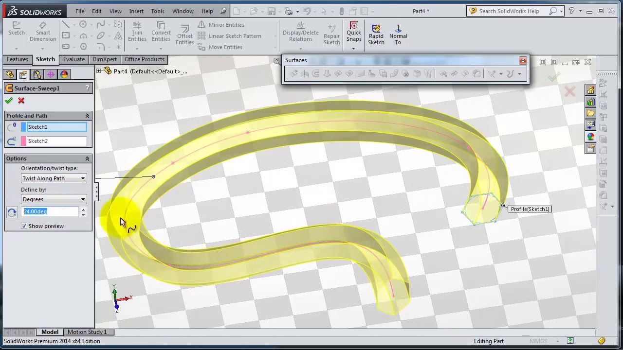 SolidWorks 2014 Surface Tutorial 71  Swept and Twist surface HD