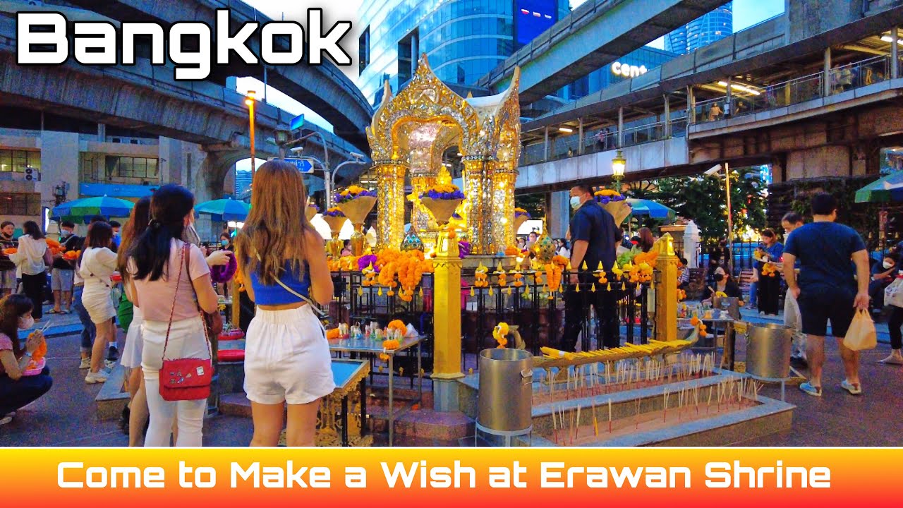 Make a wish at Erawan Shrine , Bangkok walking tour 4K