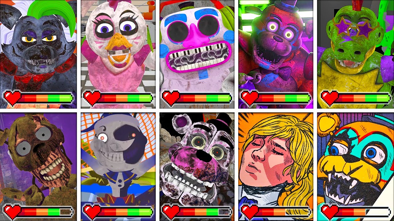 FNAF Security Breach - All CHASE and ENDINGS in BRIGHT MODE with Healthbars